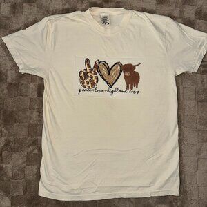 Comfort Colors Tee In IVORY Featuring Cute "PEACE LOVE & HIGHLAND COWS" Transfer